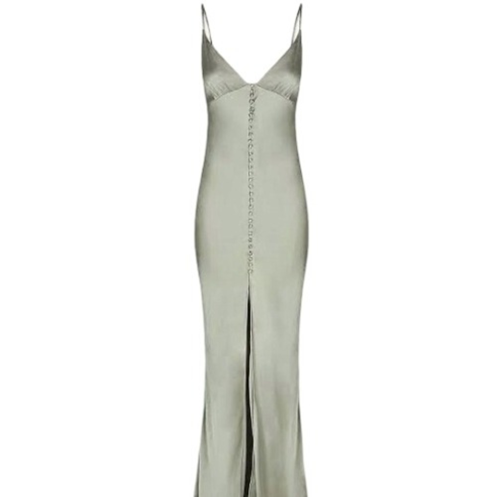 Shona Joy La Lune Bias Button Front Satin Slip Dress Sage Green Maxi 10 Ret $380